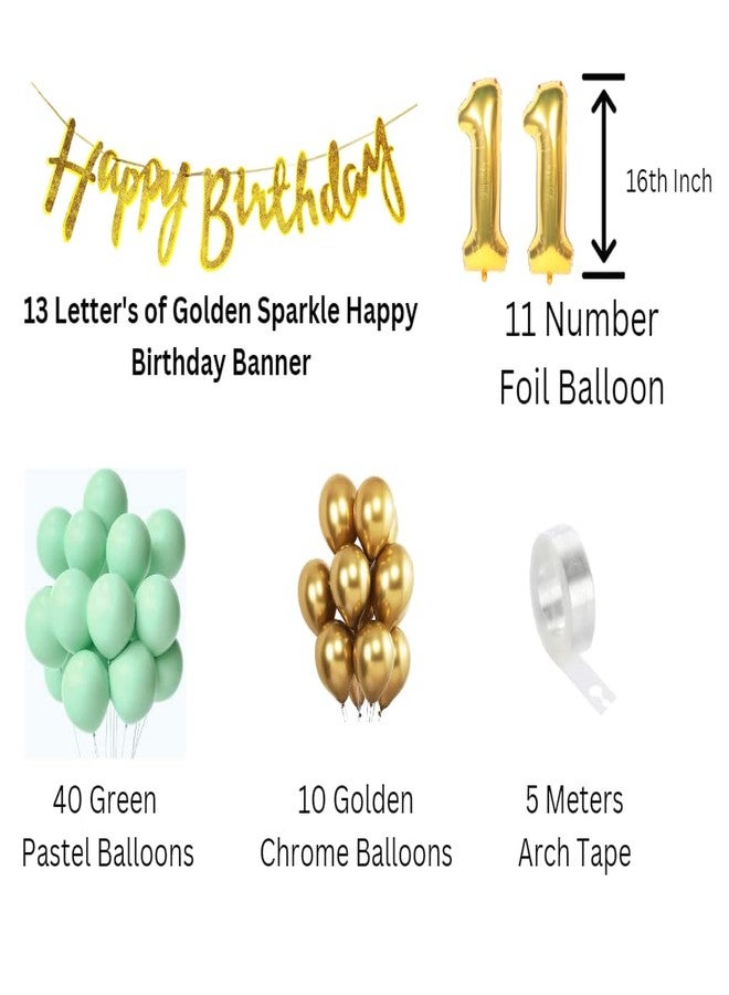 Flyloons 11th Green Gold Happy Birthday Decoration for Girls Kids Boys, Golden Glitter Happy Birthday Banner,Green Pastel Balloons,Golden Chrome Balloon,Arch Tape birthday decoration items for room - Image 2